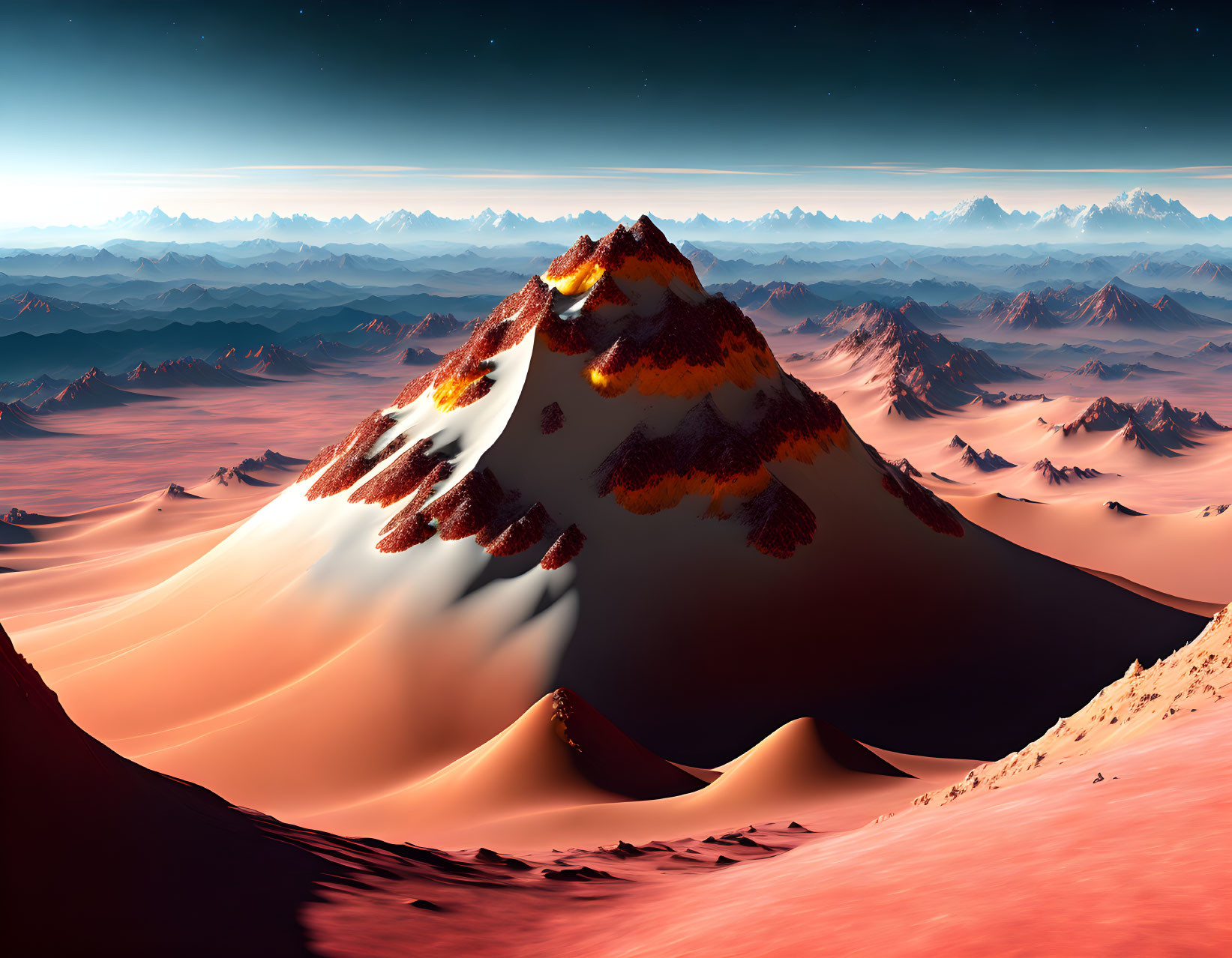 Snow-capped mountain towering over red desert at twilight