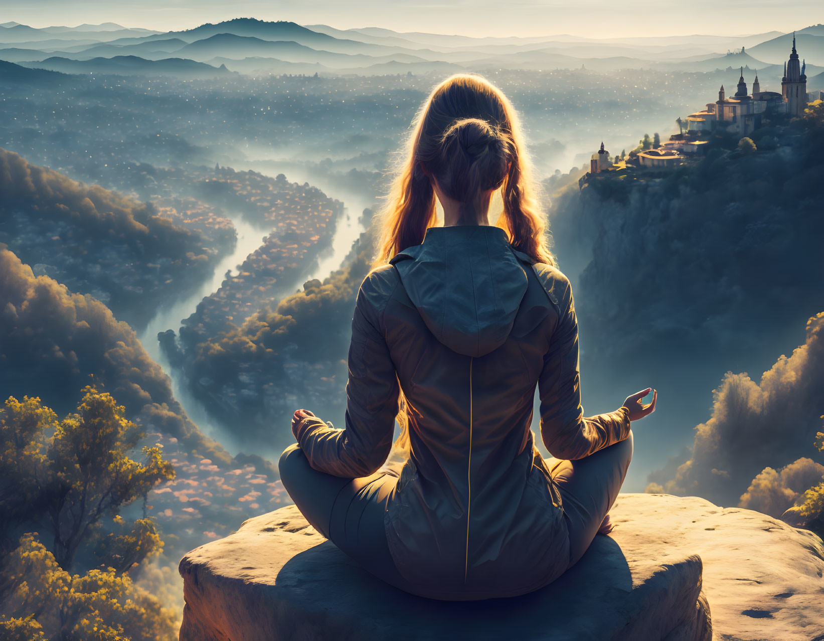 Woman meditating on cliff with misty river valley, hills, and castle at sunrise