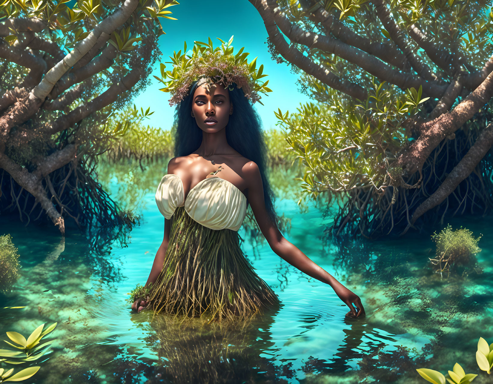 Woman in nature-inspired outfit with leafy crown among mangrove trees by serene waters