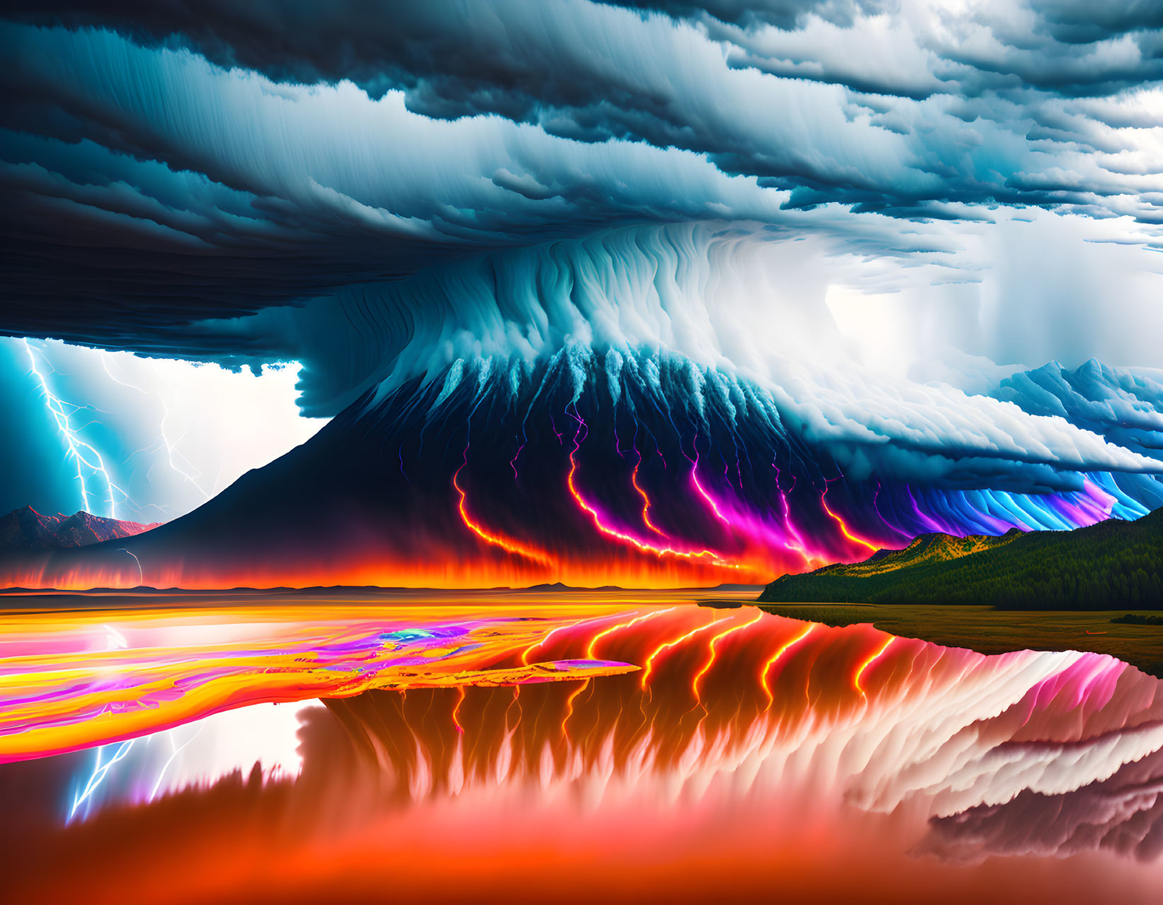 Surreal landscape with mountain, colorful sky, and neon water