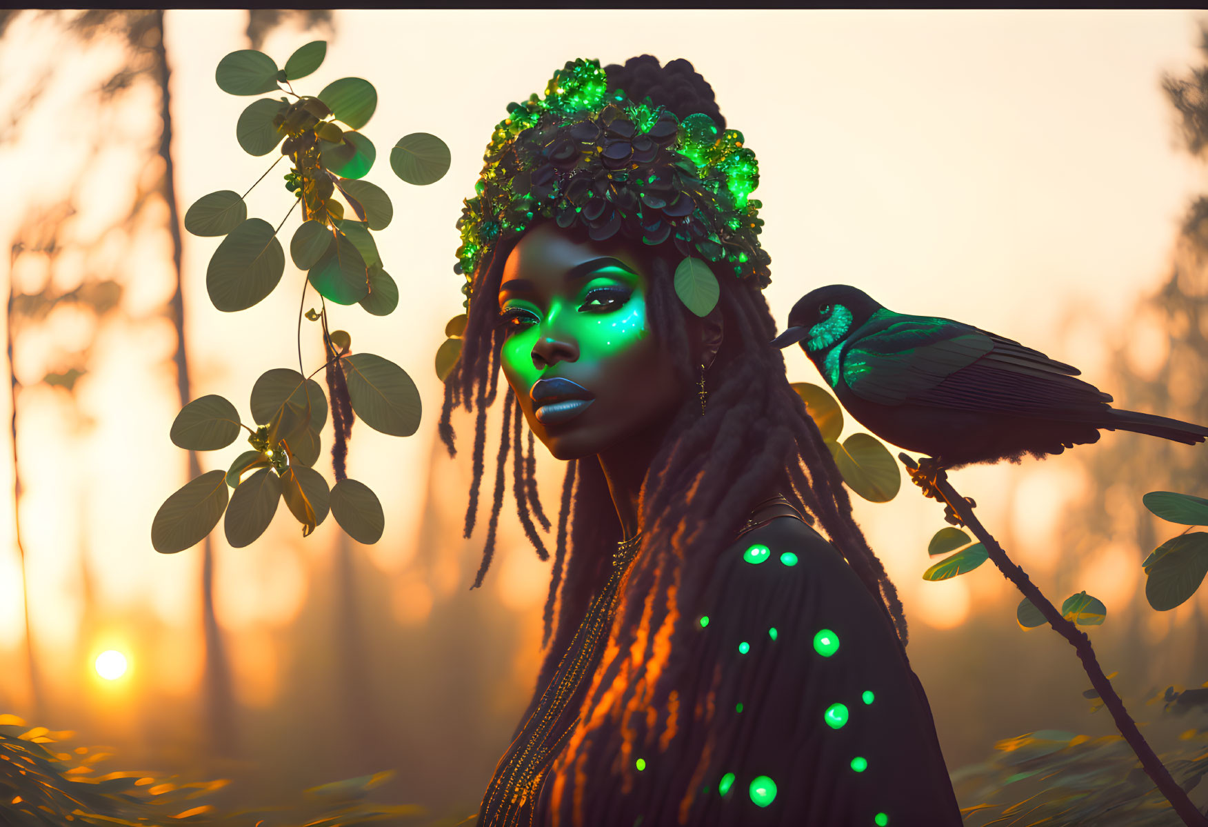 Portrait of Woman with Green Crown and Black Bird in Mystical Forest at Sunset