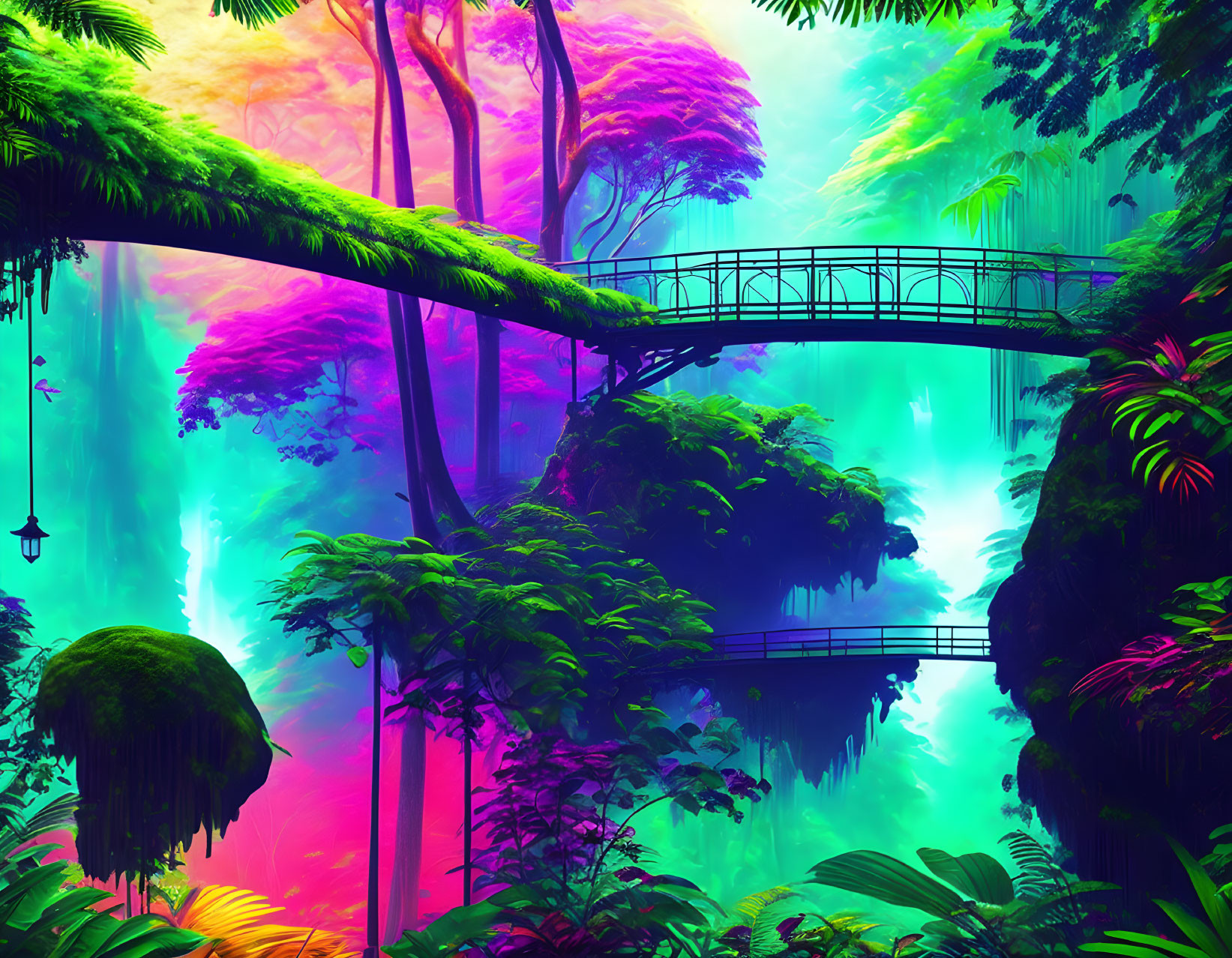 Fantasy Jungle with Neon Colors and Bridge in Mysterious Glow