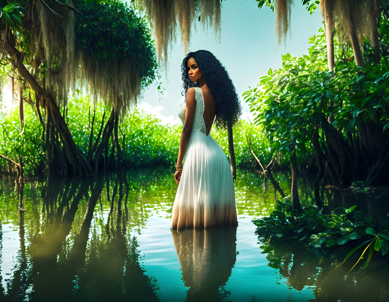 Woman in white dress standing in tranquil waters surrounded by lush greenery and hanging moss.