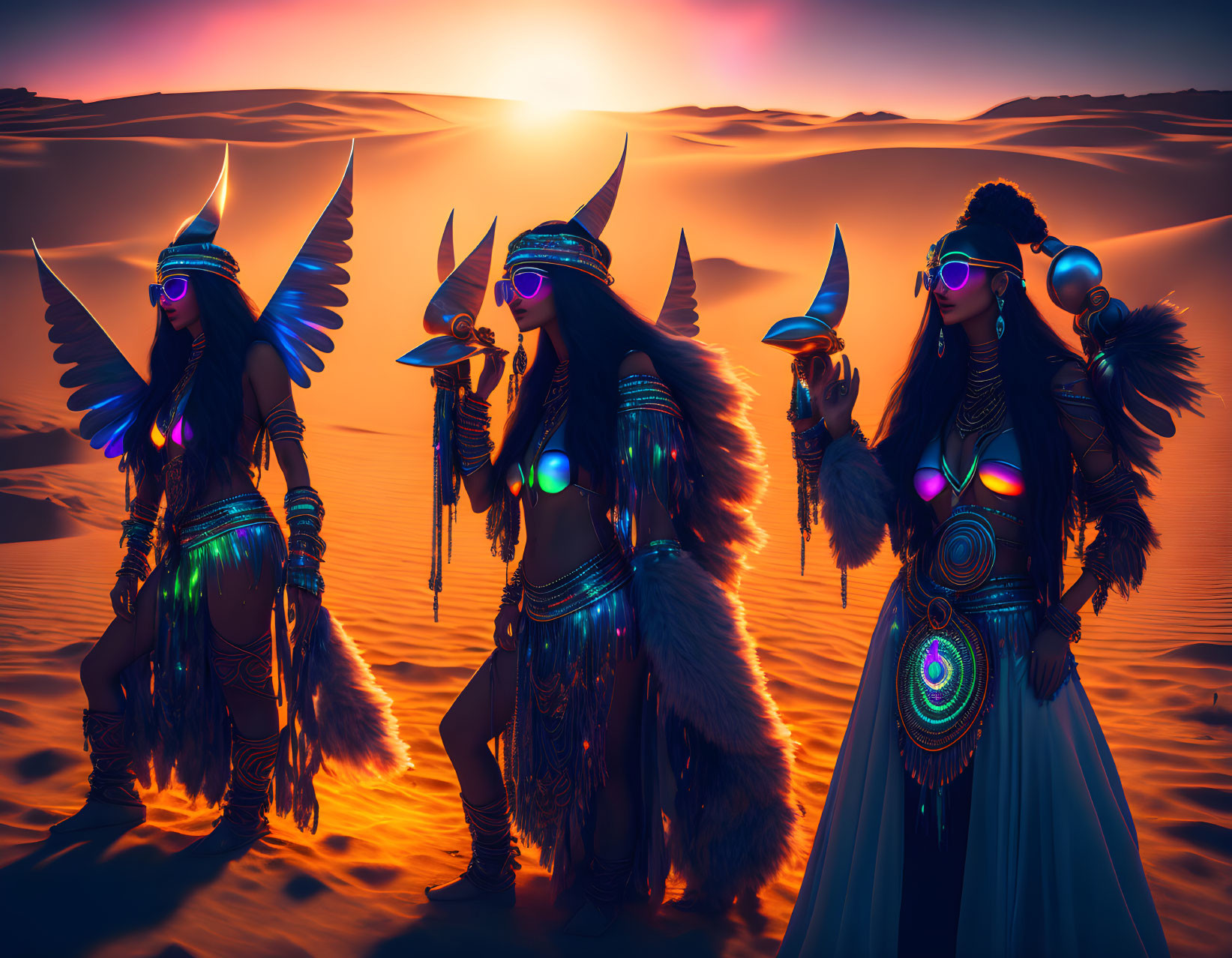Four mystical women in futuristic tribal attire with wings in desert sunset.