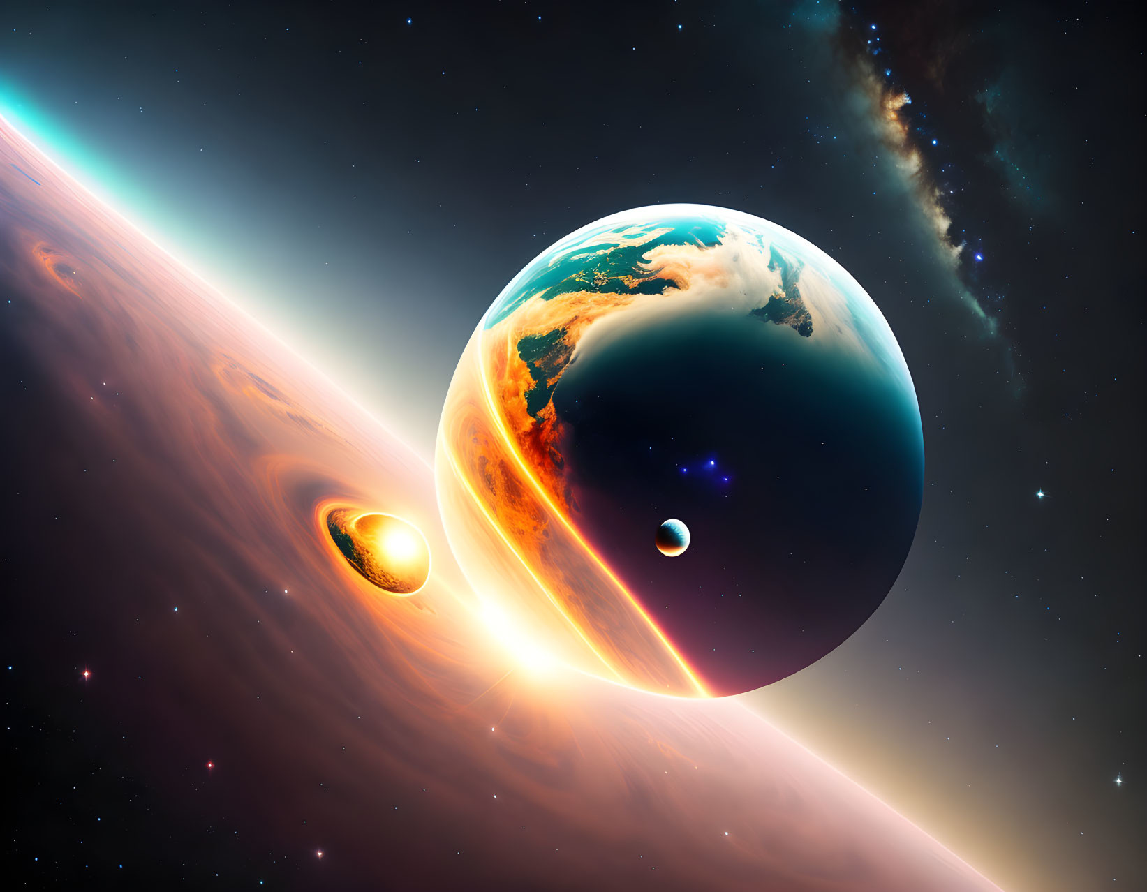 Colorful Space Scene with Earth, Moon, Fiery Planet, and Galaxy