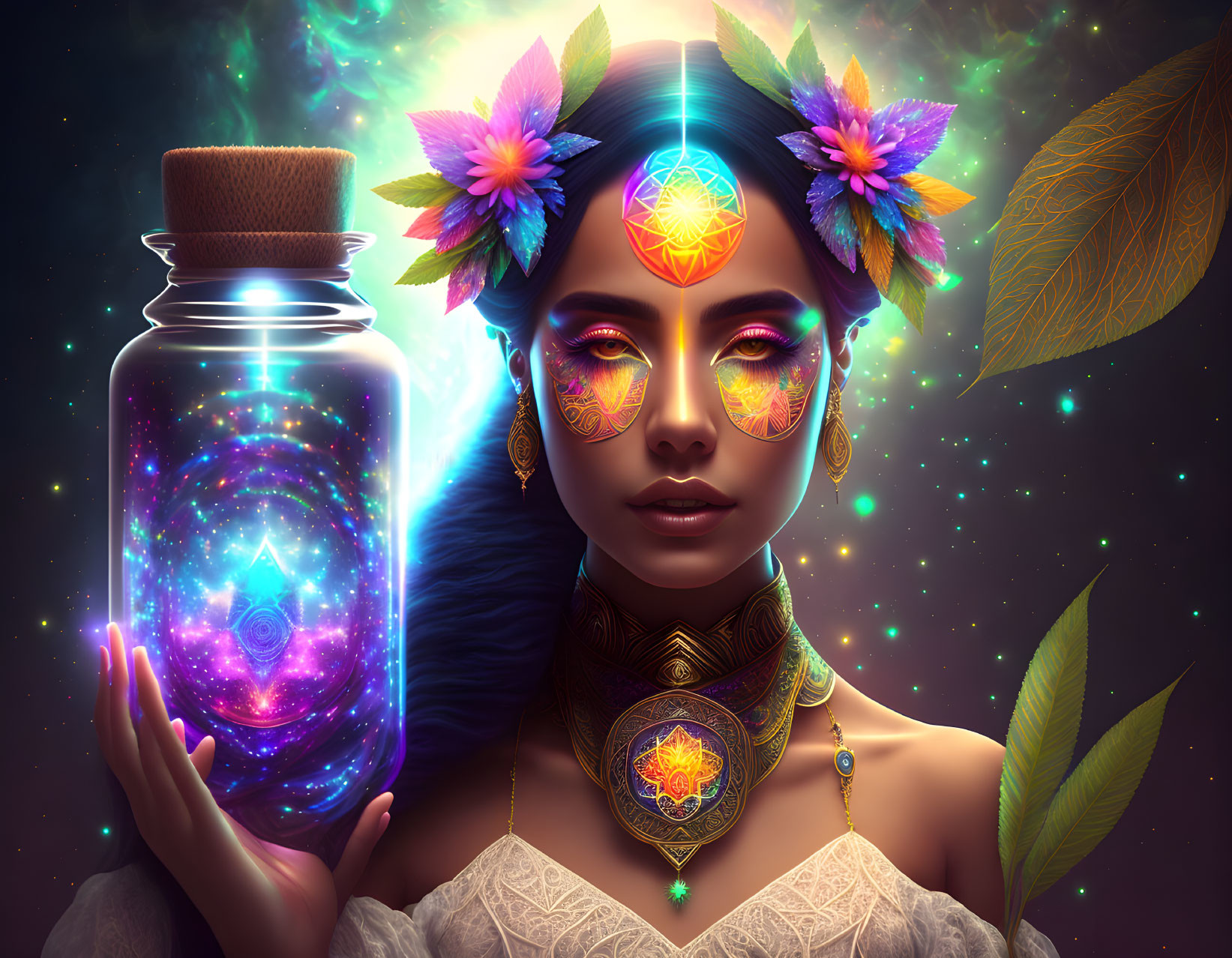 Mystical woman with face paint holds galaxy jar under starlit sky