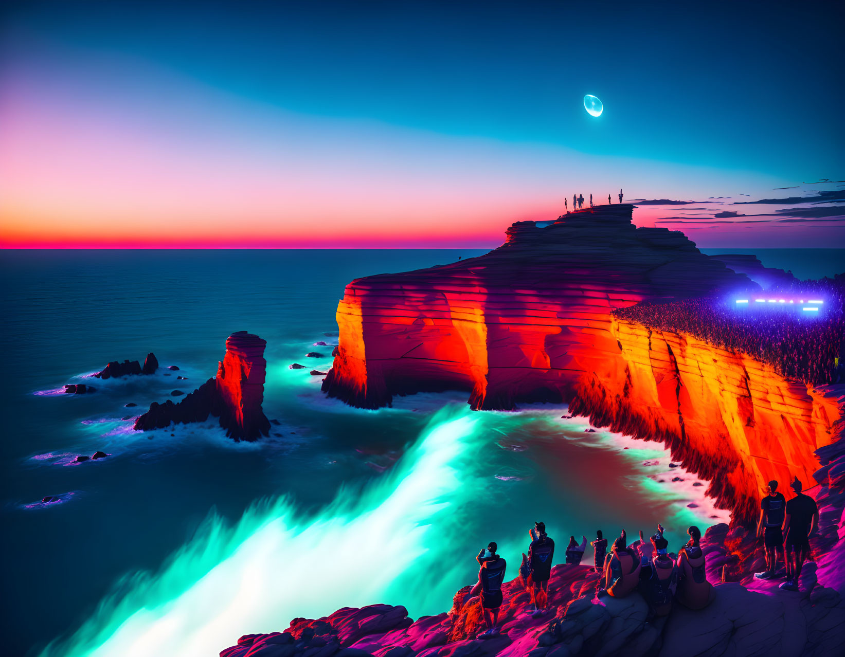 Digital artwork of people on cliffs above neon waves at twilight