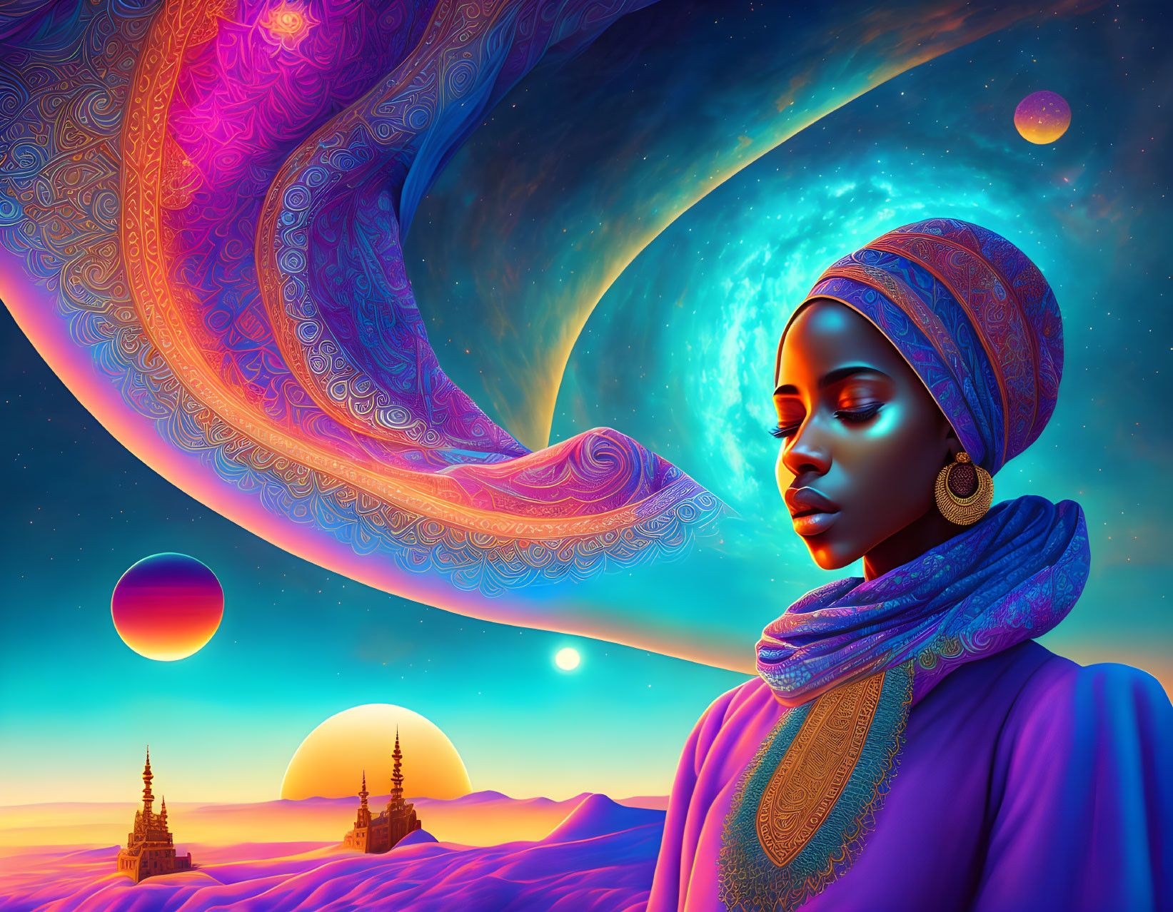 Vibrant surreal portrait of a woman with headscarf in cosmic setting