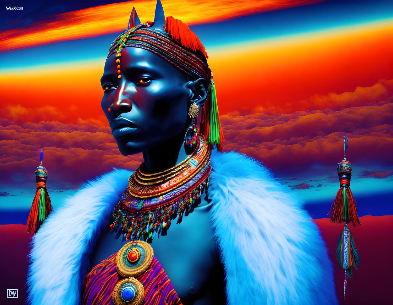 Blue-skinned person with tribal jewelry in front of orange sunset.