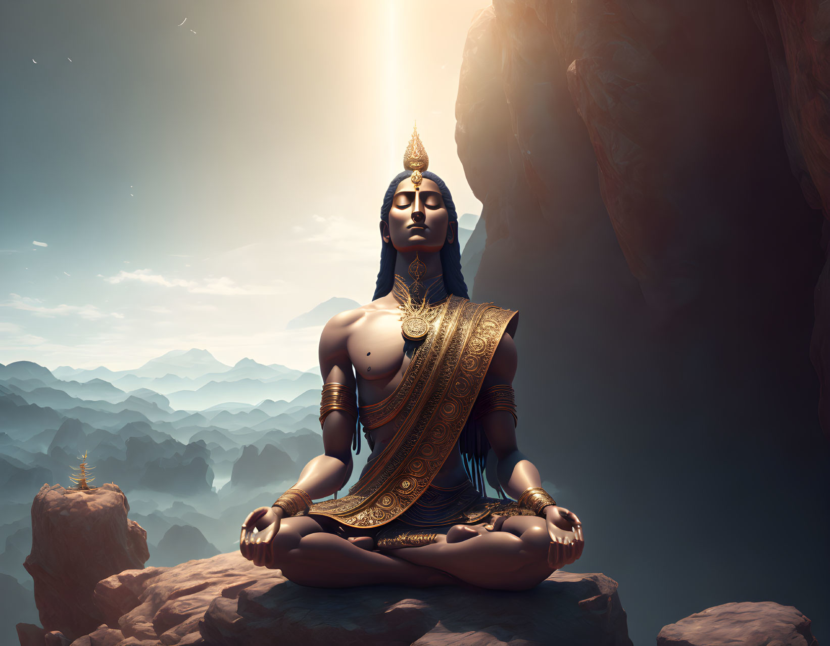 Meditative figure with multiple arms atop mountain emitting light