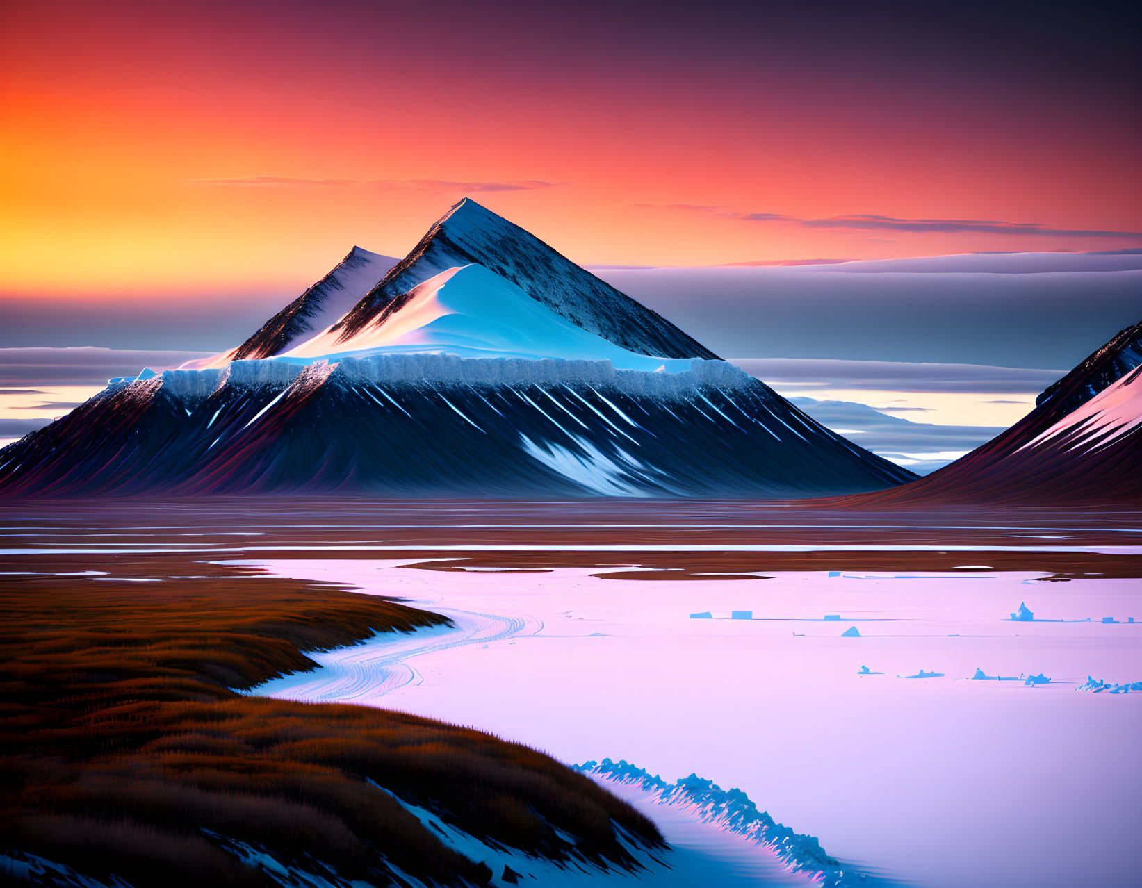 Colorful sunset over snow-capped mountain with reflective water.