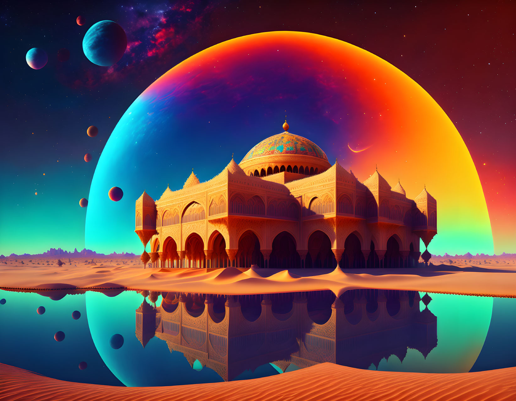 Fantasy landscape with domed palace, colorful skies, and celestial bodies.