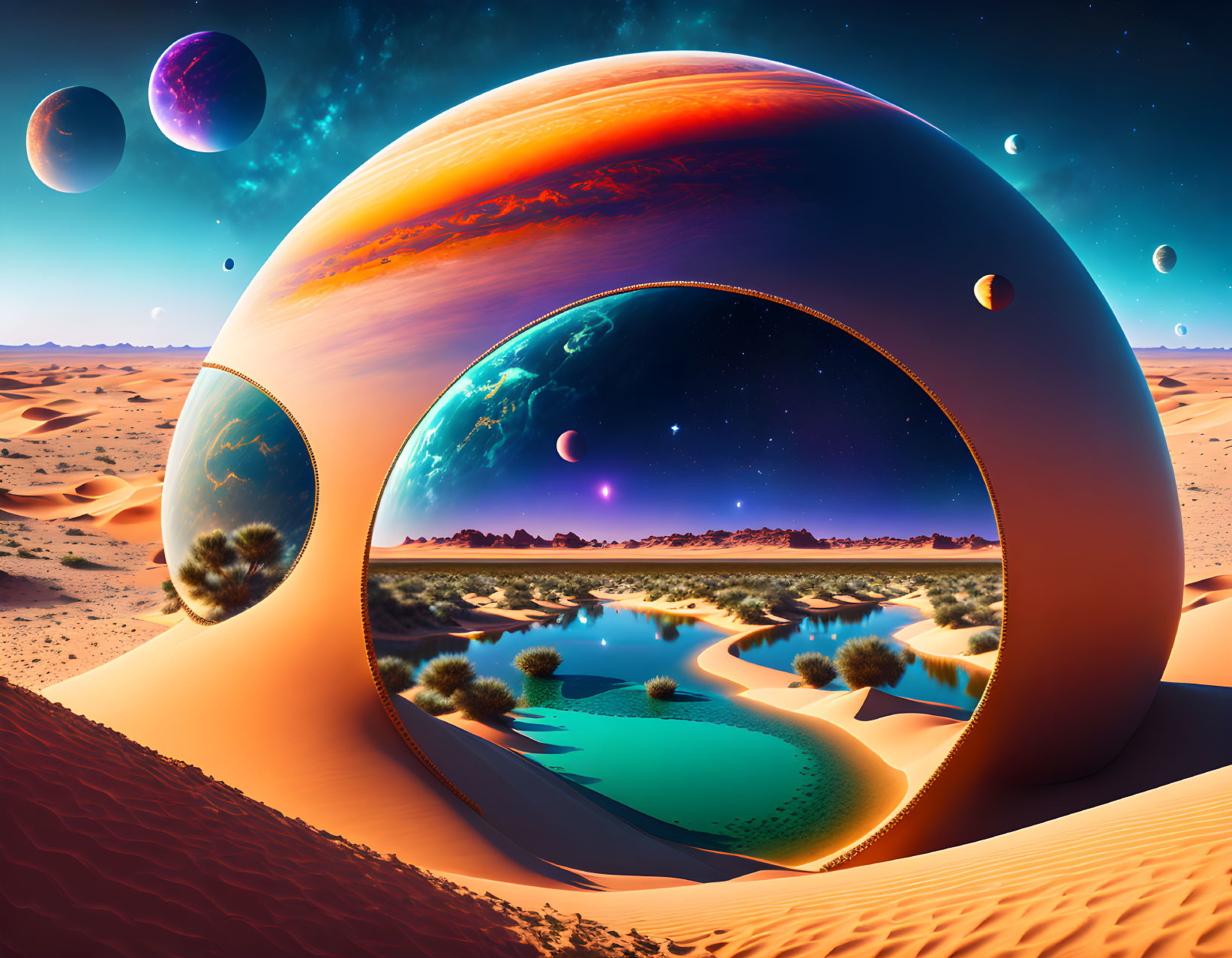 Futuristic mirrored sphere in surreal desert landscape