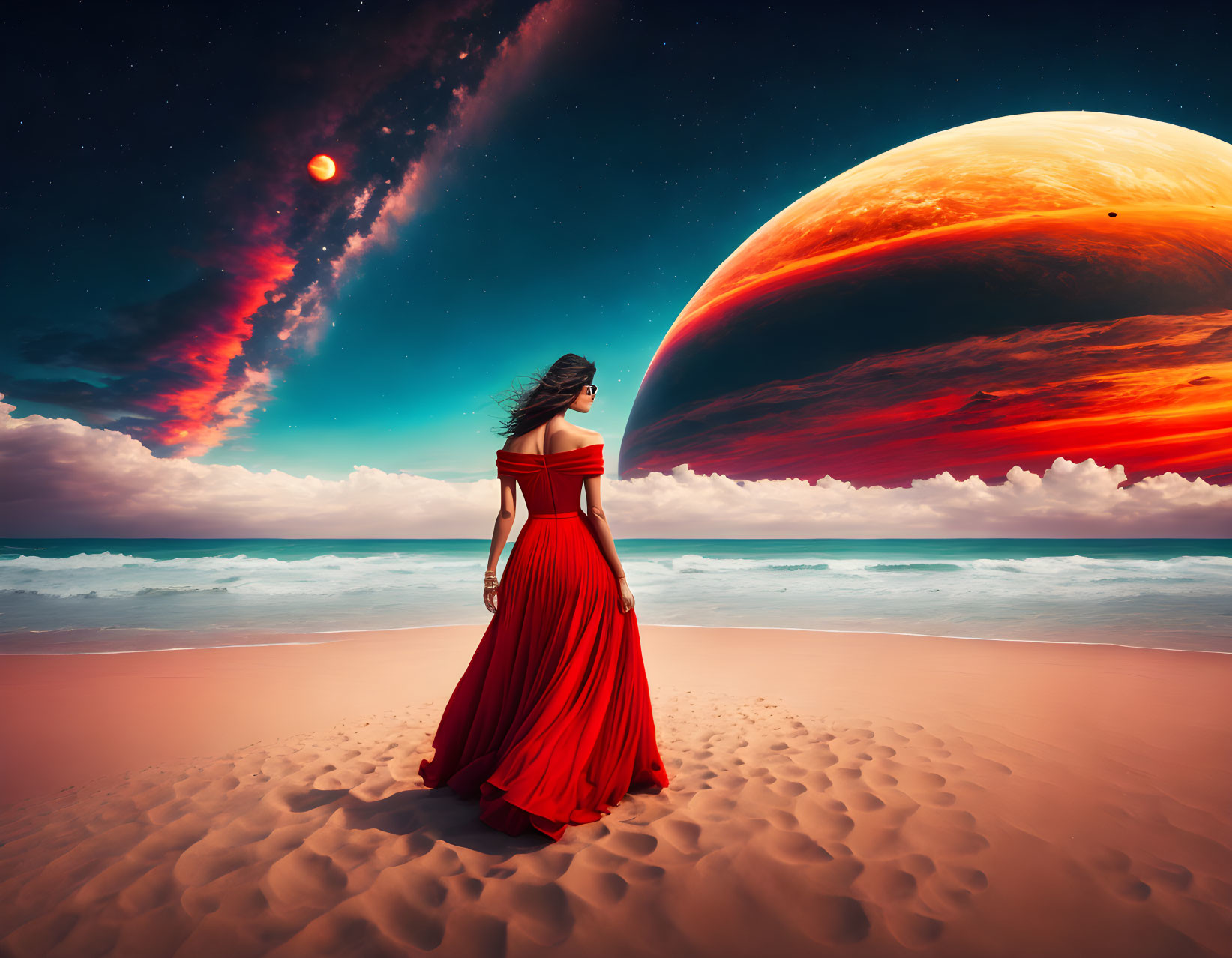Woman in Red Dress on Beach Gazes at Surreal Sky