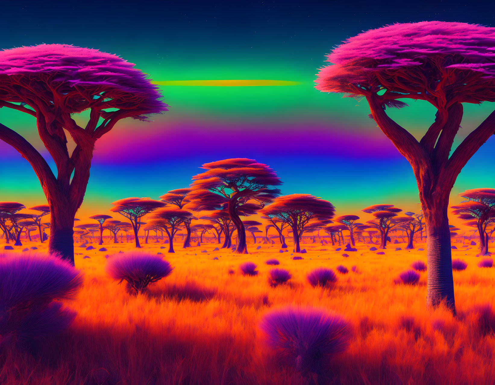 Surreal neon-lit landscape with African acacia trees
