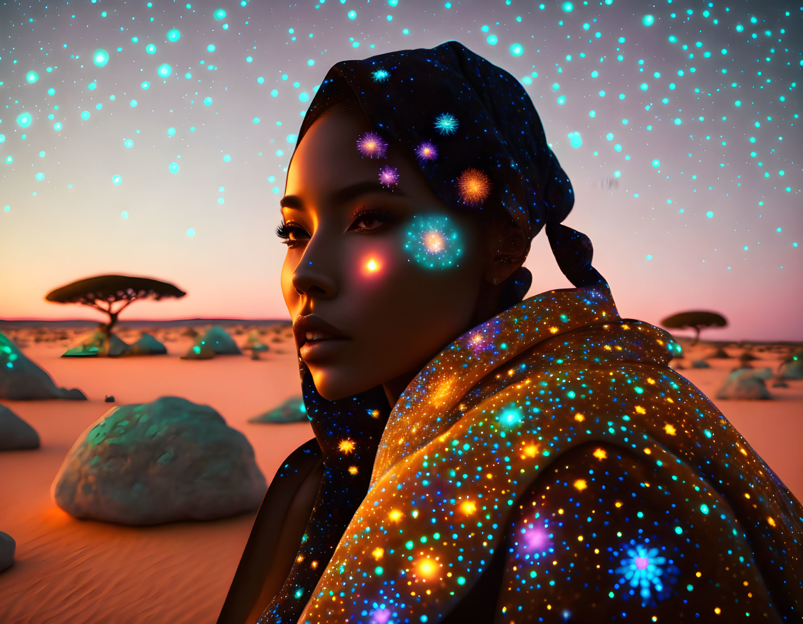 Digital art portrait of woman with glowing star-like projections, shimmery cloak, desert twilight backdrop.