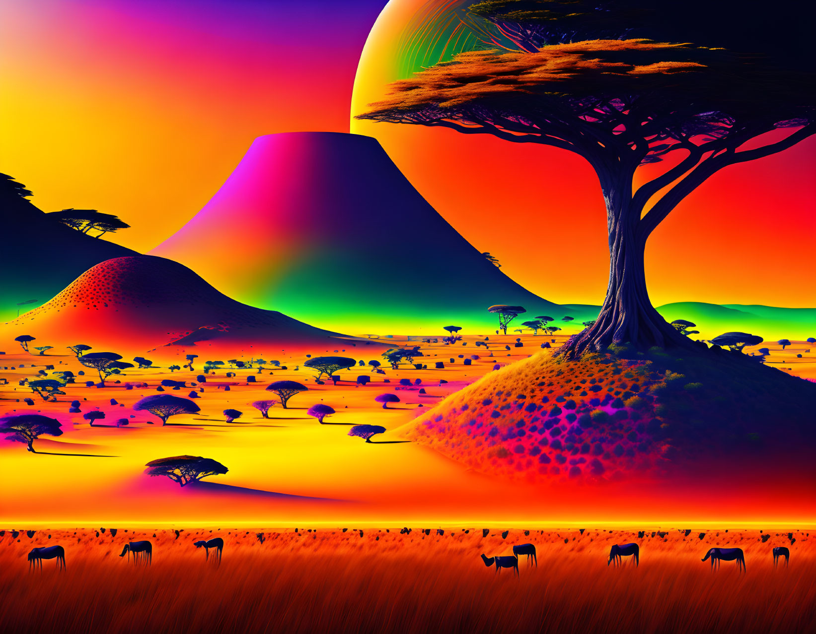 Vibrant multicolored sky over surreal landscape with large tree and antelope-like animals
