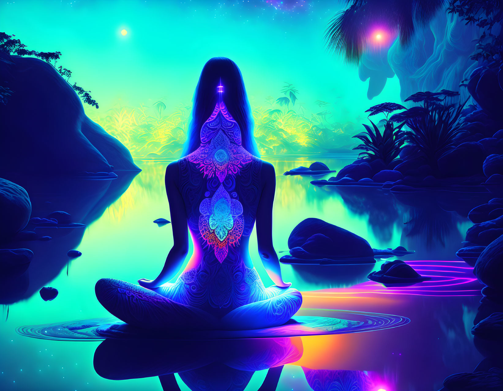 Serene lake meditation scene with neon flora and starry sky
