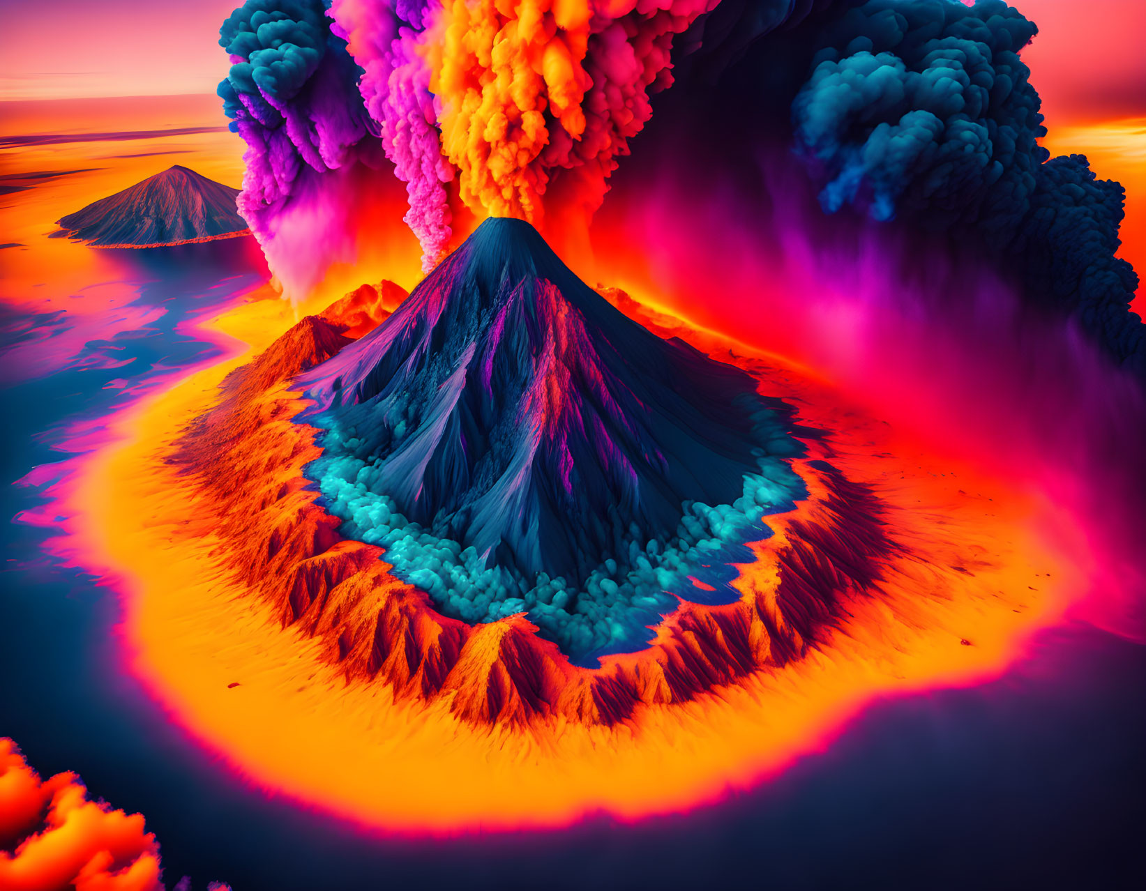 Colorful Volcano Eruption in Surreal Landscape