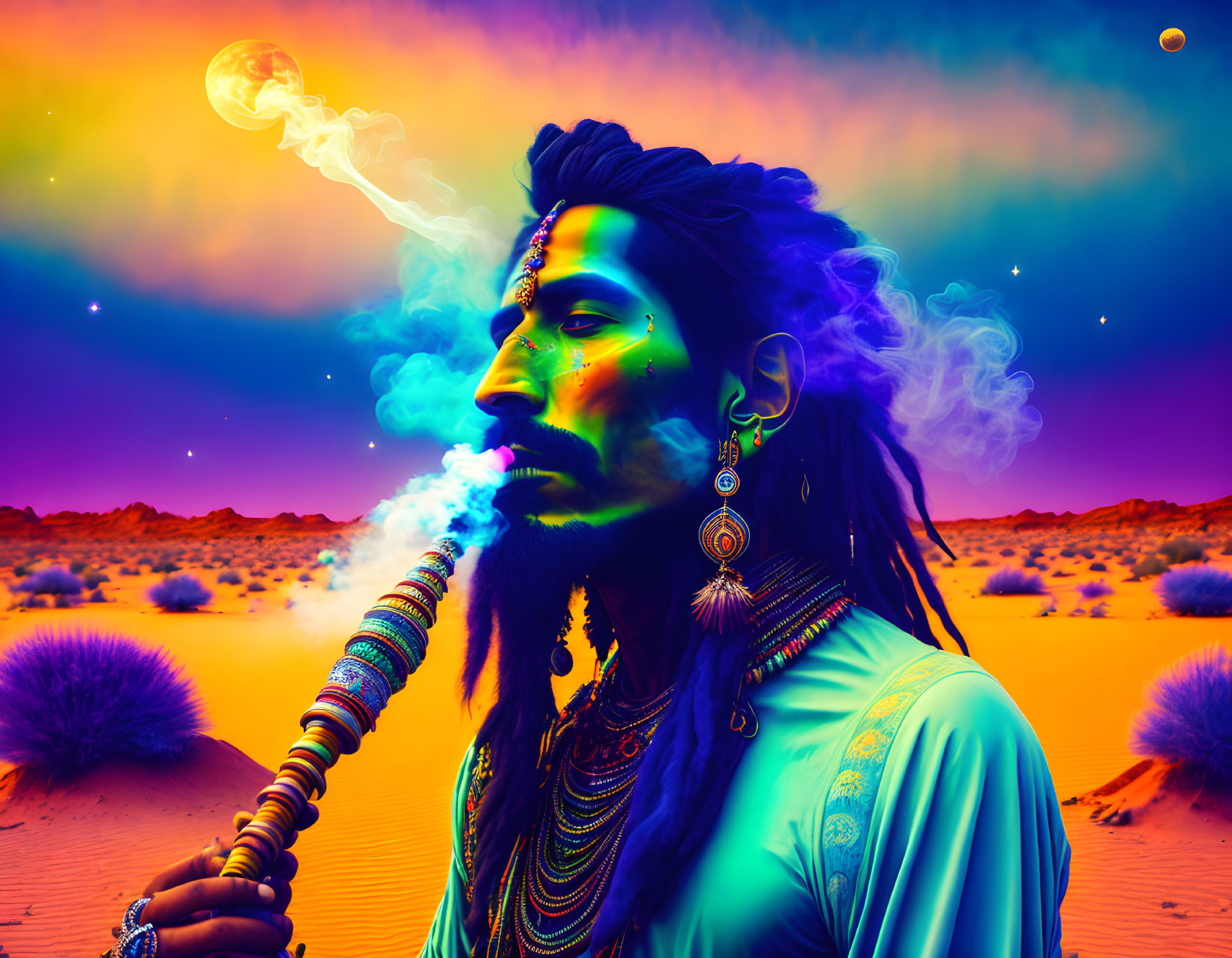 Colorful Man with Traditional Adornments Smoking Pipe in Psychedelic Desert Landscape