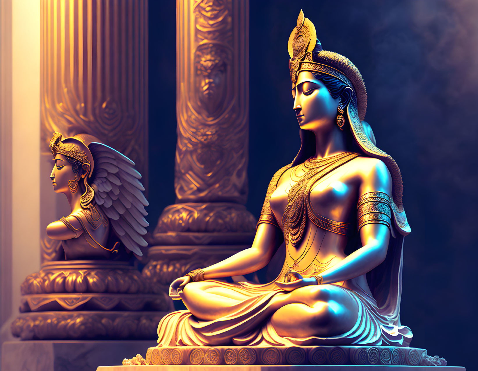Meditating figure with crown and winged sculpture in golden-blue hue