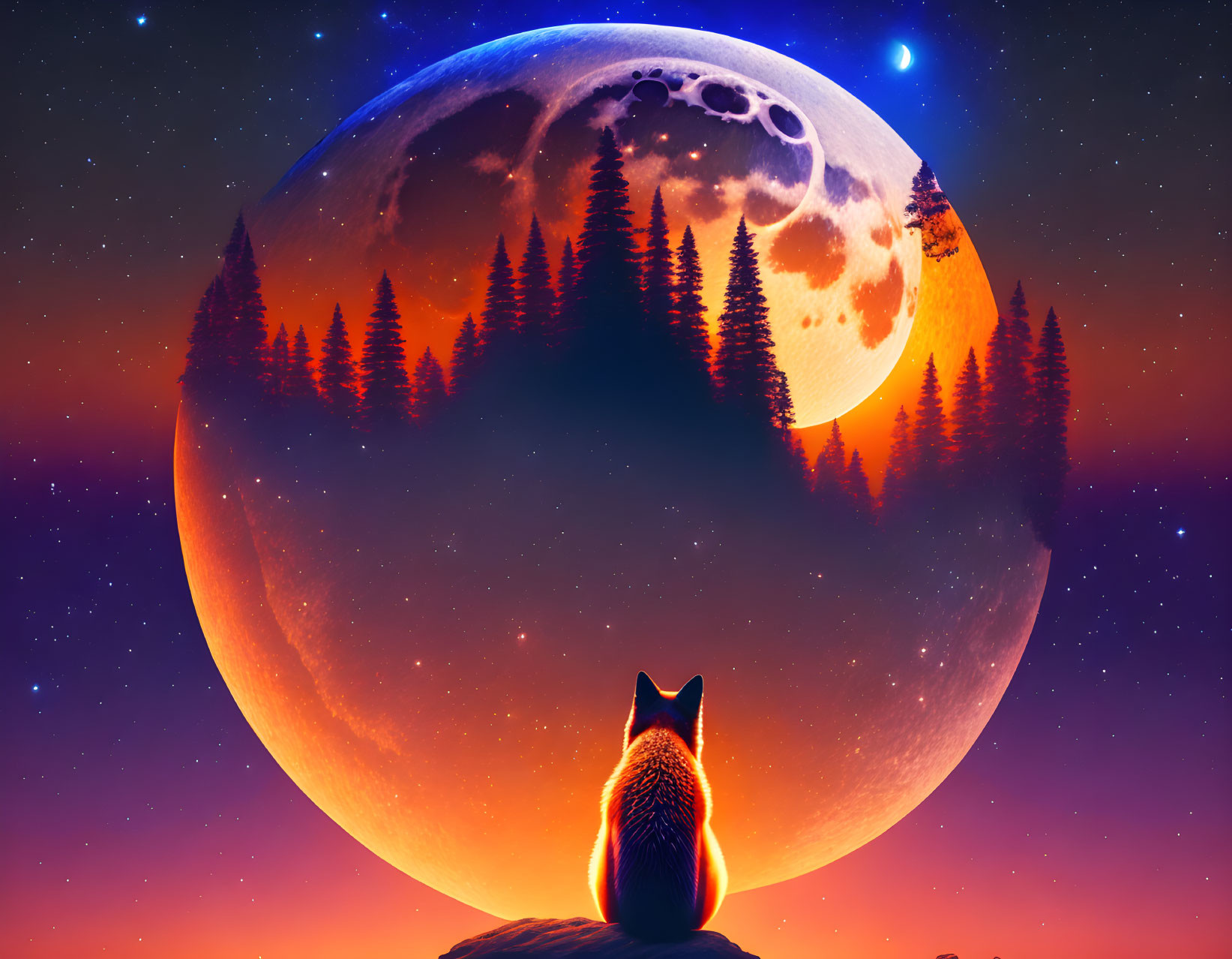 Detailed Wolf Gazing at Huge Moon in Starry Sky