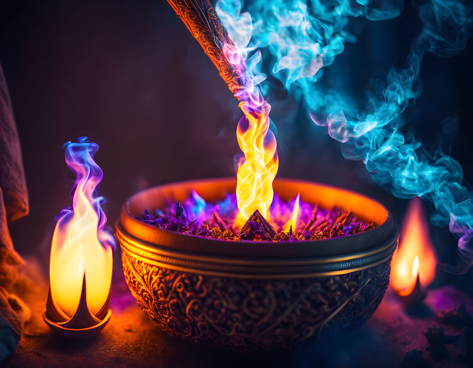 Vibrant flames in ornate bowl on dark backdrop