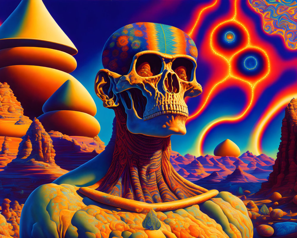 Surrealist desert landscape with skull-headed figure and psychedelic patterns