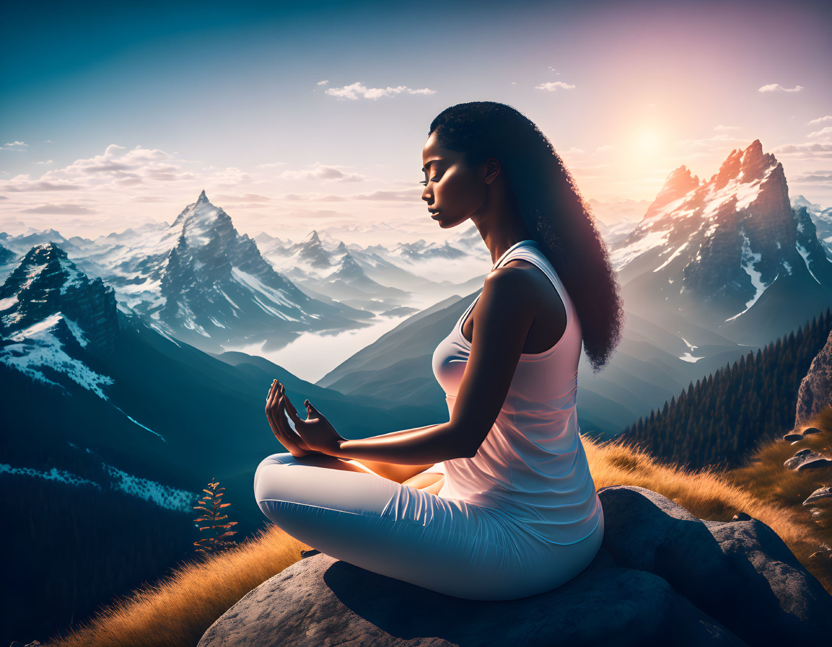 Woman in white clothes meditating on mountain at sunset
