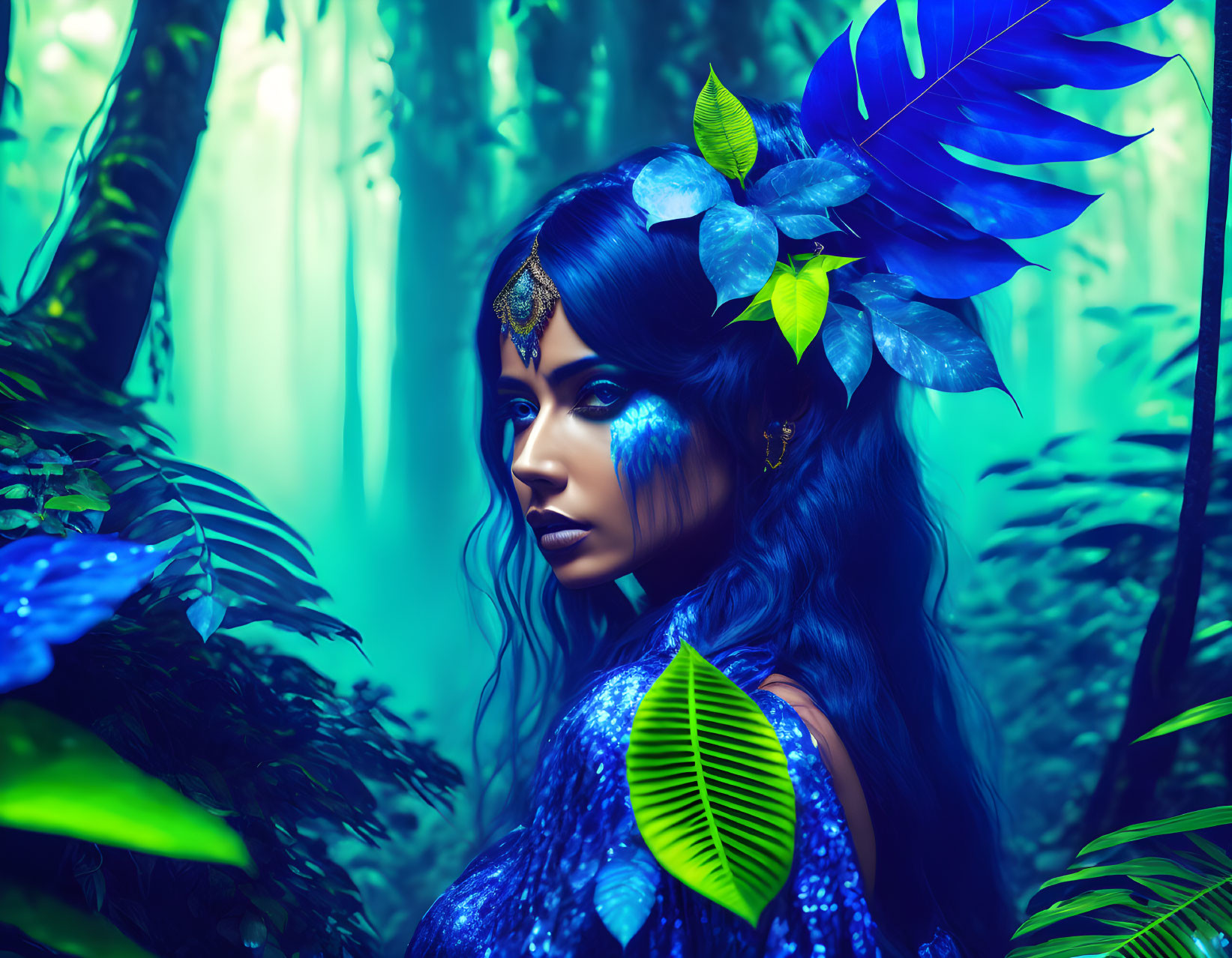 Blue-skinned woman with leaf and feather adornments in mystical forest scene