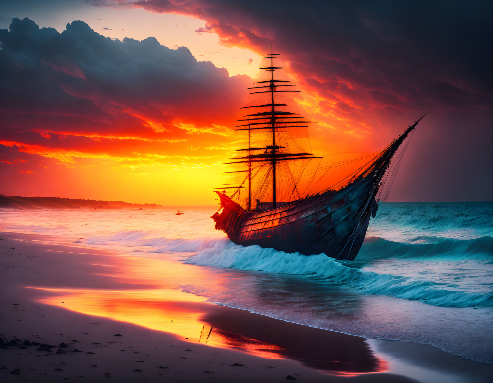 Sunset shipwreck on beach with orange skies and turbulent waves