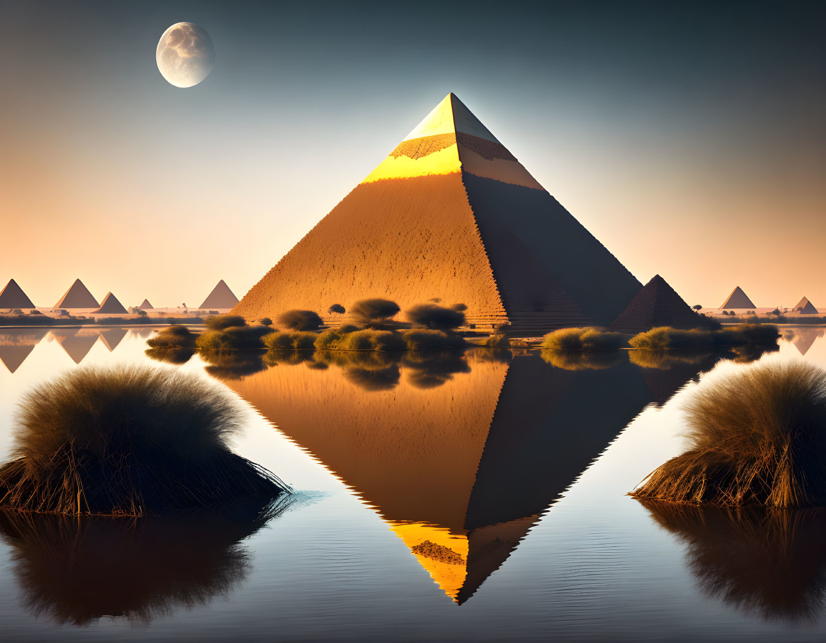Sunset Pyramids Reflecting in Water with Dusky Sky and Moon