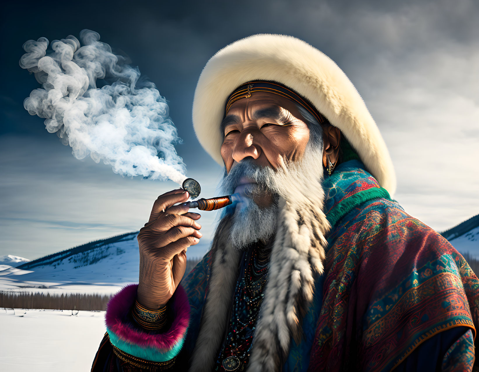 Elderly person in traditional attire smoking a pipe against snowy mountains and clear sky