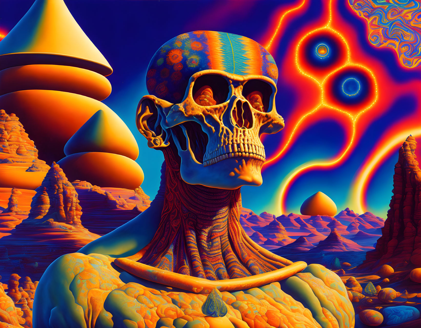 Surrealist desert landscape with skull-headed figure and psychedelic patterns