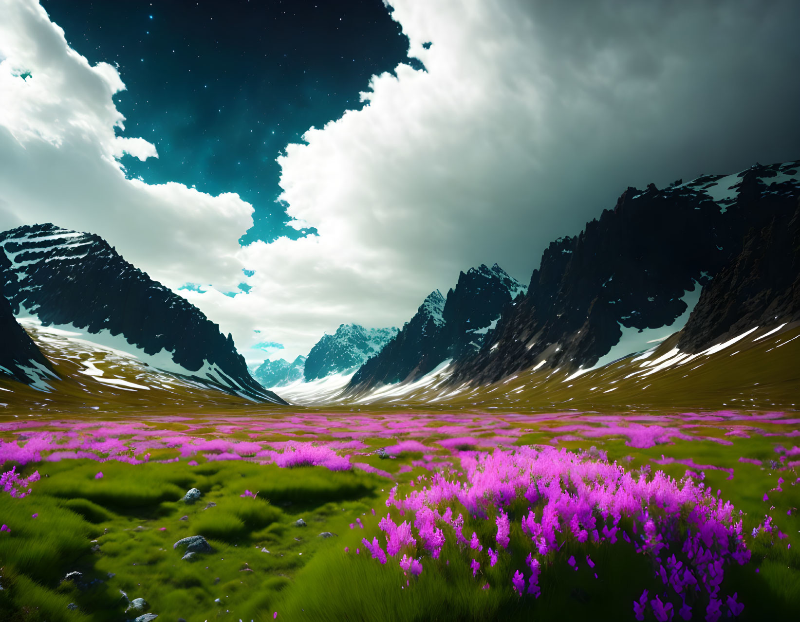 Scenic valley with purple flowers, snowy peaks, starry sky