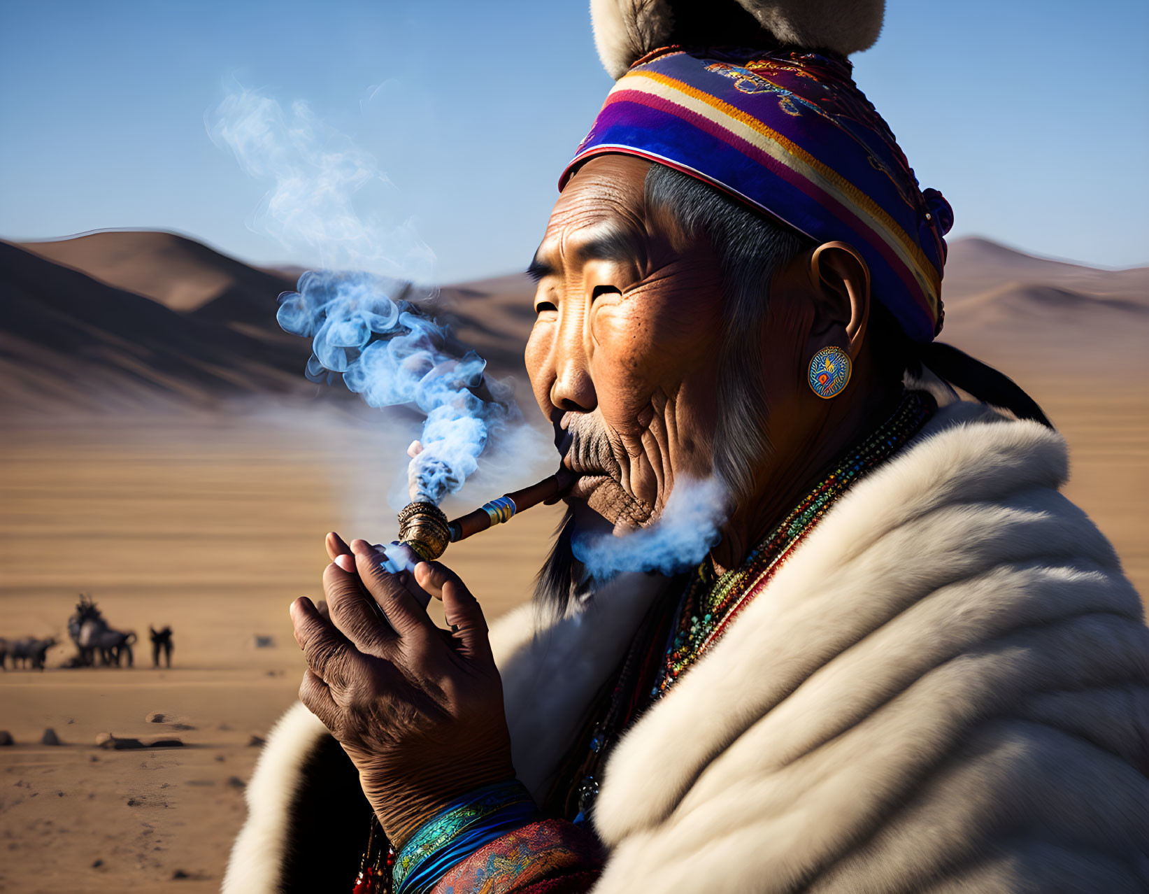 Elder in Colorful Traditional Attire Smoking Pipe with Camel Caravan
