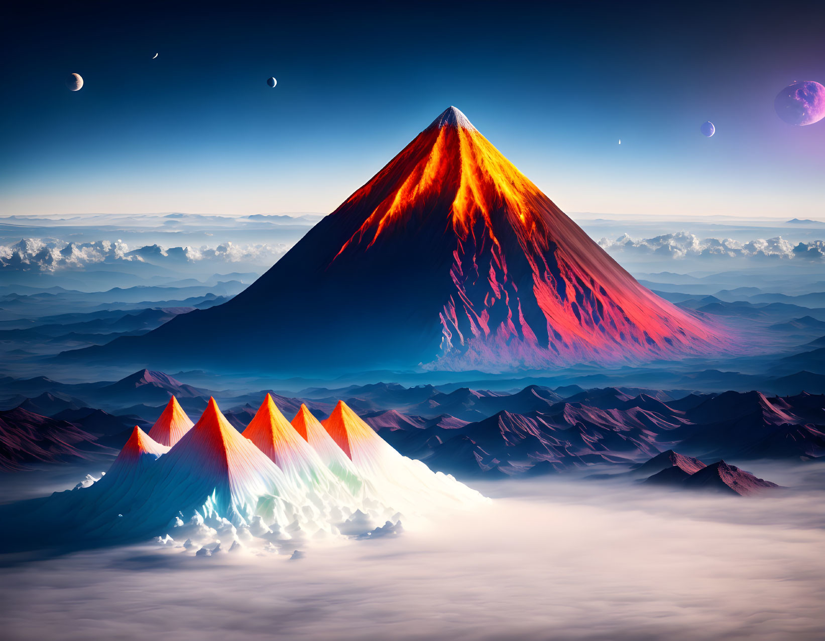 Colorful digital artwork: fiery volcano, volcanic cones, misty mountains, multiple moons and planets