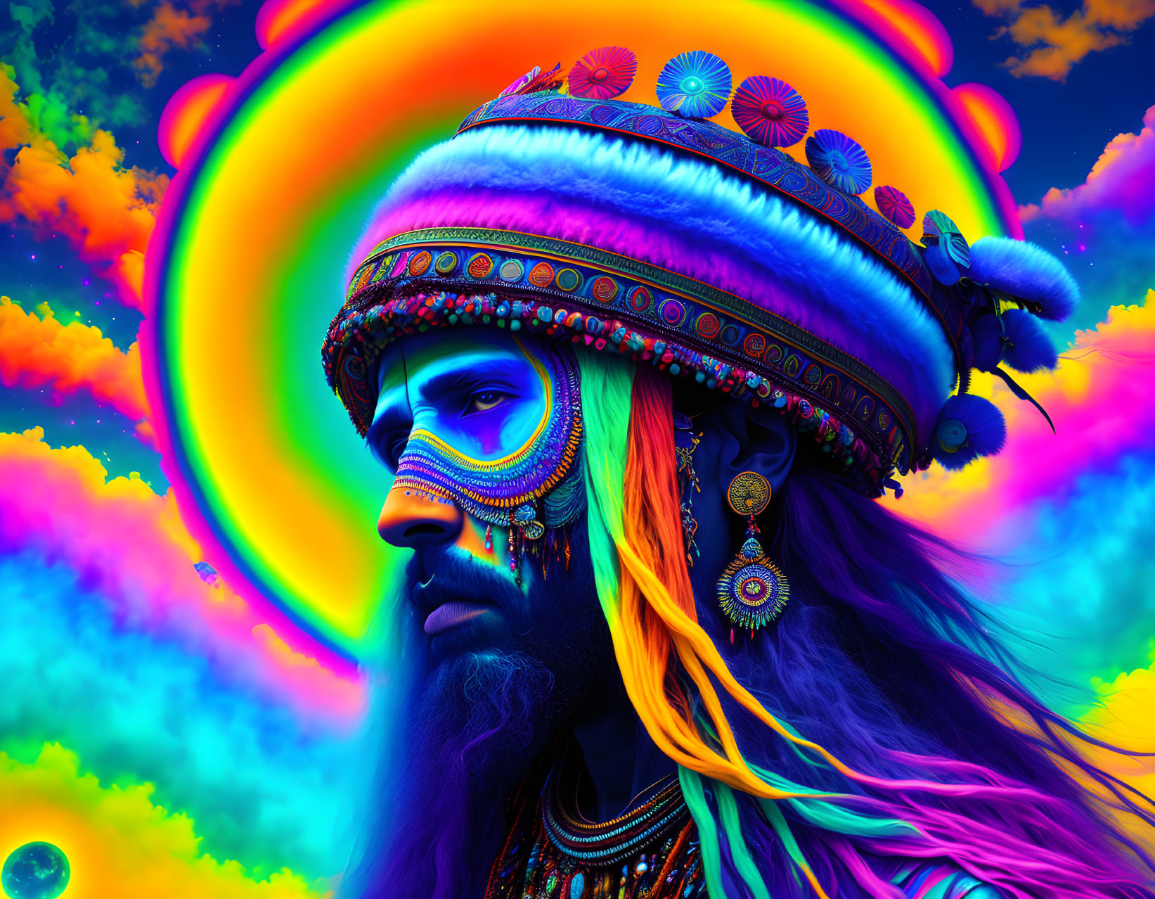 Colorful Portrait of Man with Tribal Face Paint and Headdress on Psychedelic Background