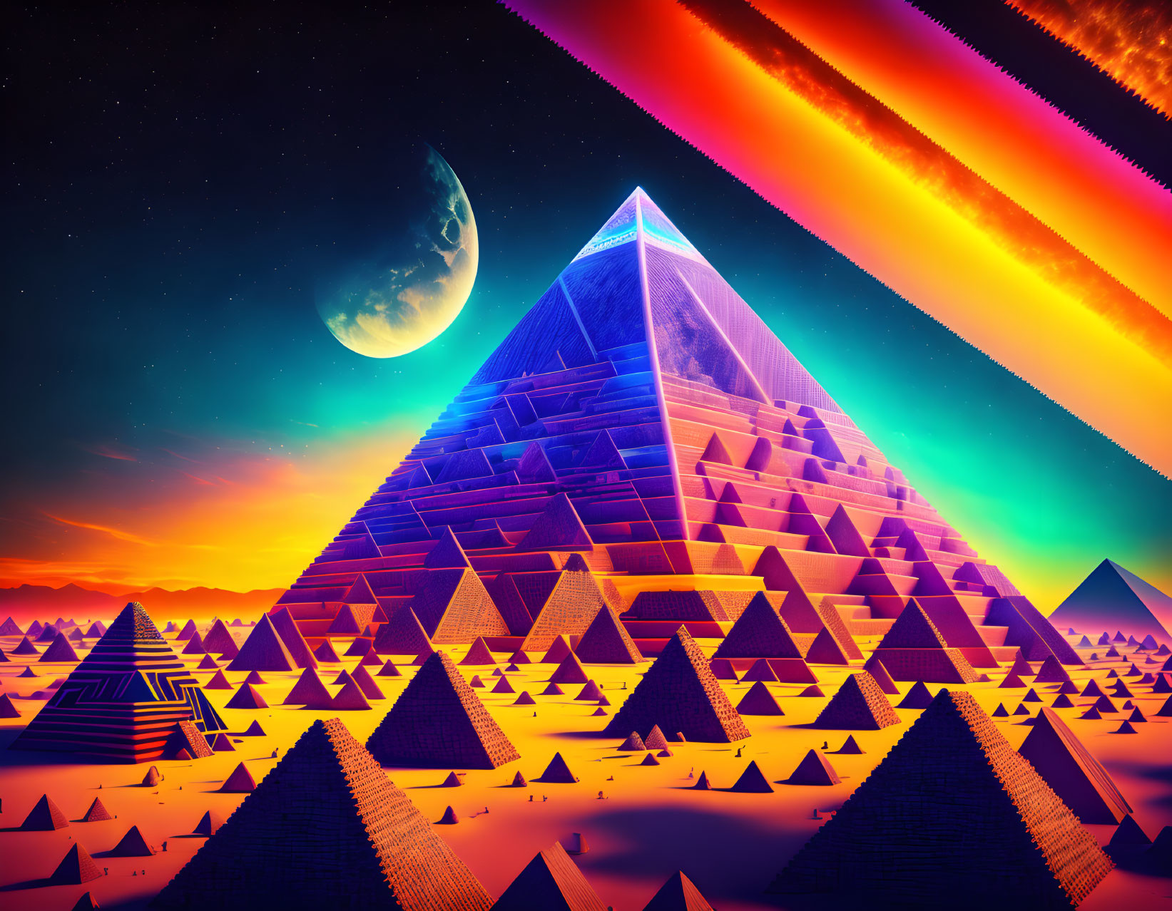 Surreal landscape with glowing pyramids under starry sky