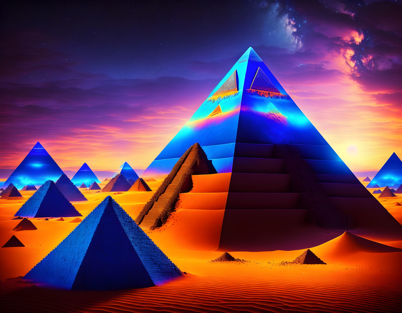 Blue and Purple Illuminated Pyramids in Desert Sunset Sky