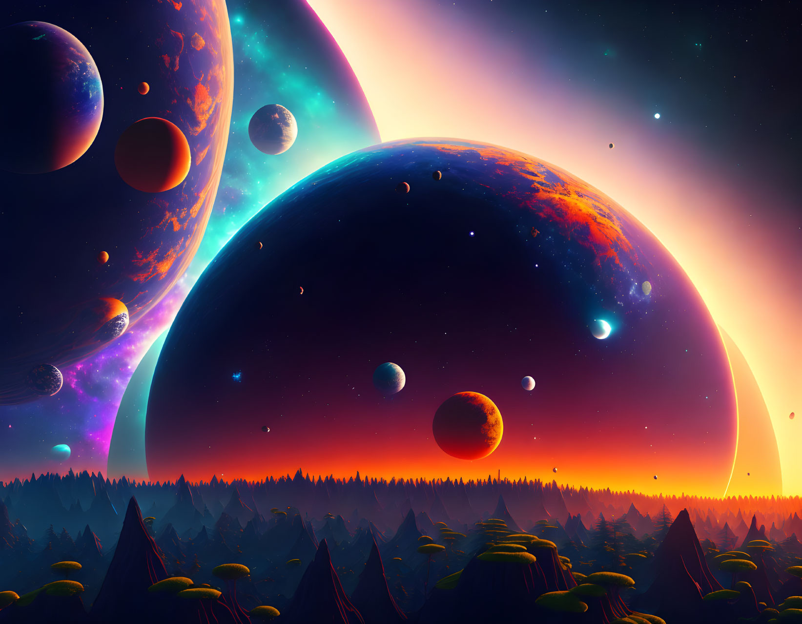 Multiple planets and moons in a starlit cosmic landscape with forest silhouette