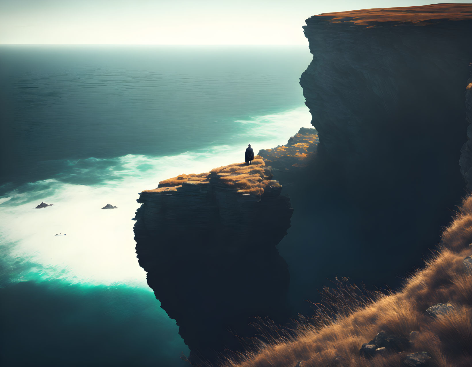 Person admiring ocean from towering sea cliff