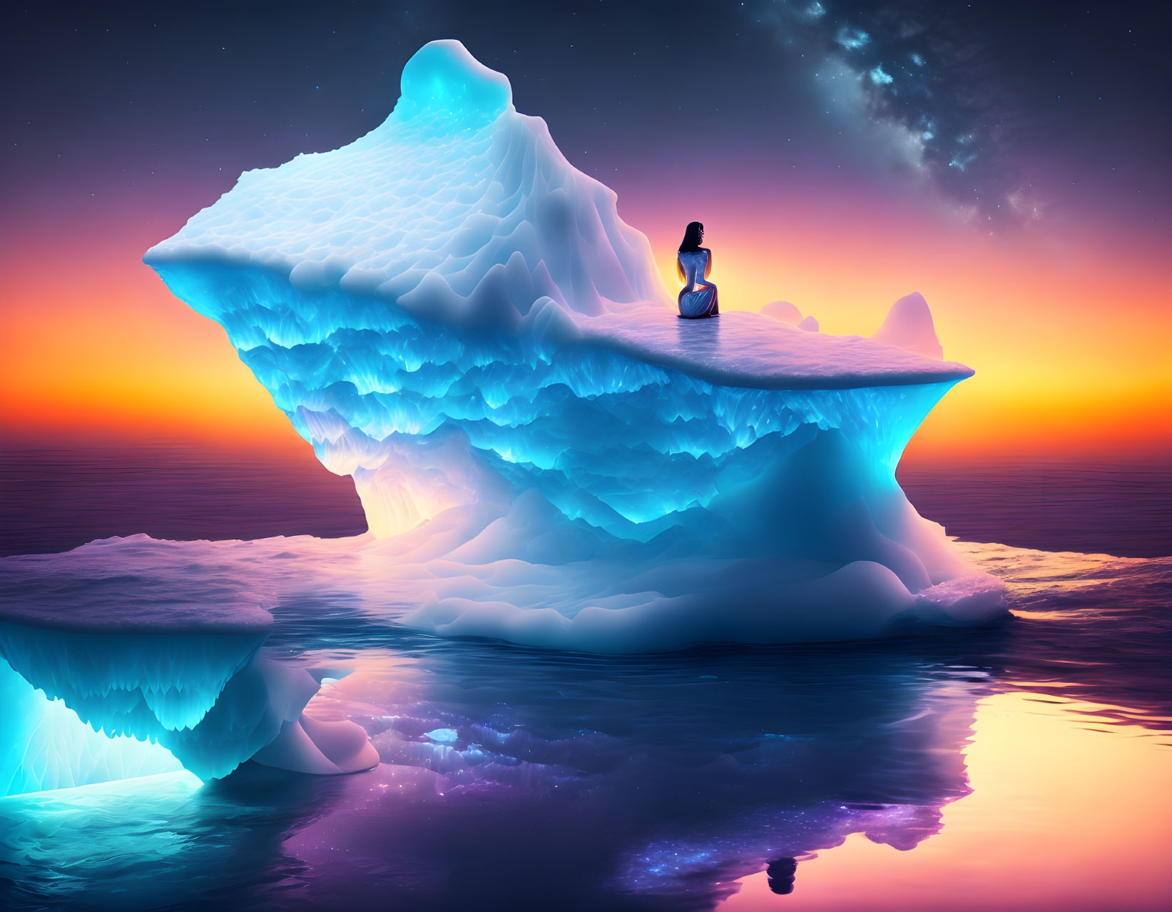 Person sitting on iceberg under sunset sky with stars above