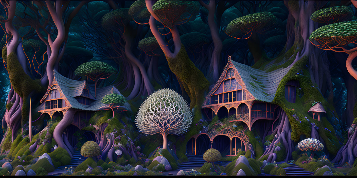 Fantastical treehouses in enchanted forest twilight