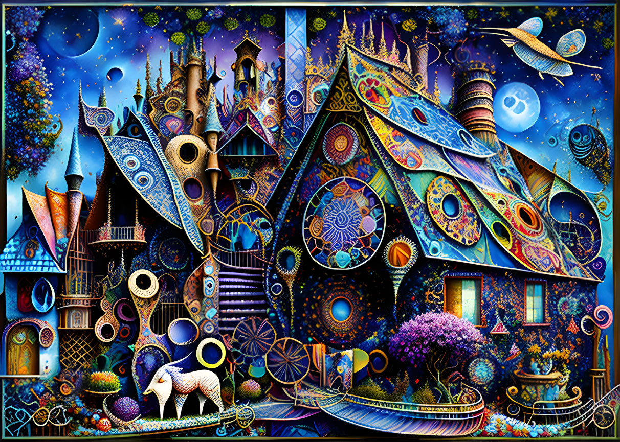 Colorful fantasy illustration of whimsical house, trees, stars, moon, and white creature.