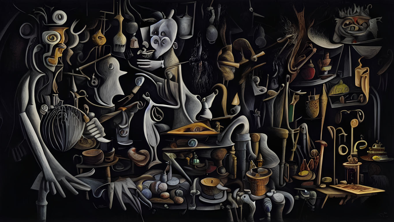 Abstract surreal painting with anthropomorphic shapes and dark hues