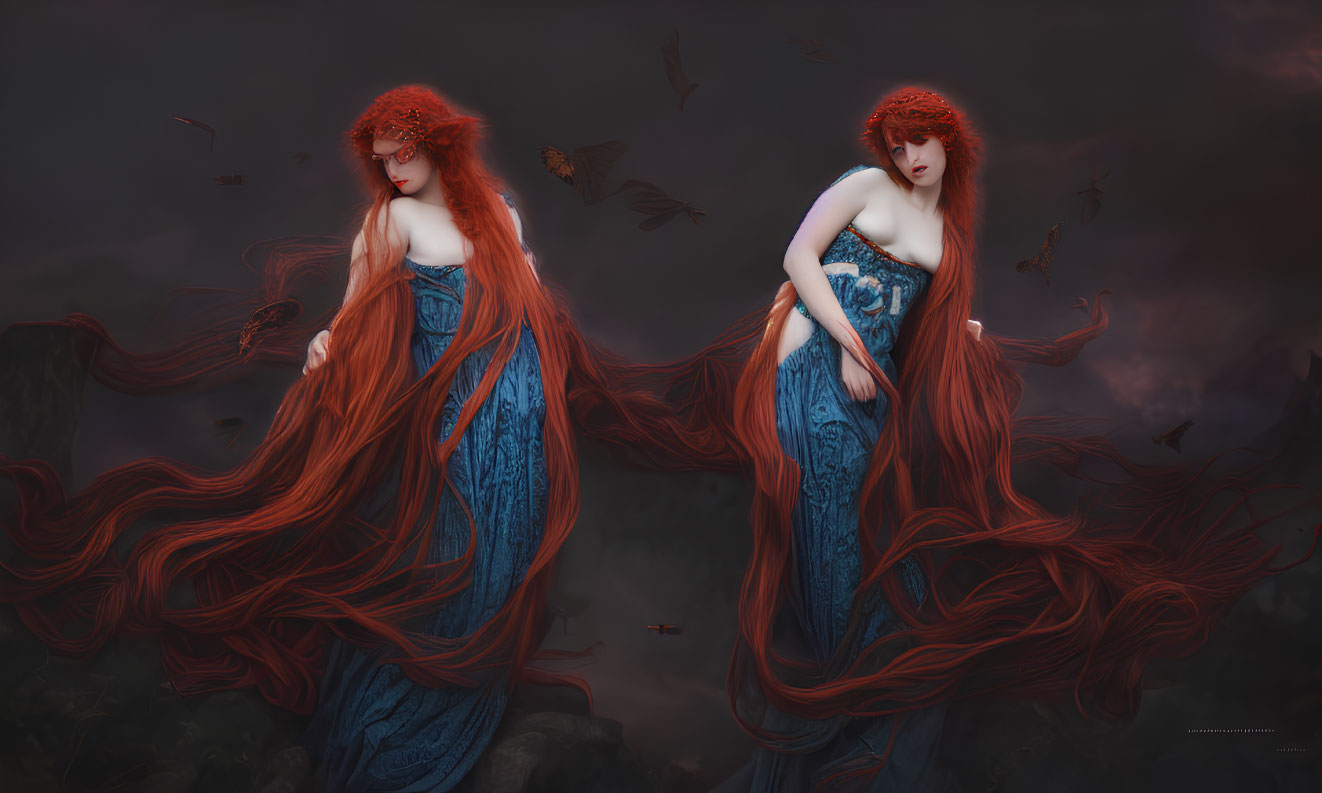 Digital Artwork: Identical Women with Red Hair in Blue Dresses Amidst Mystic Backdrop