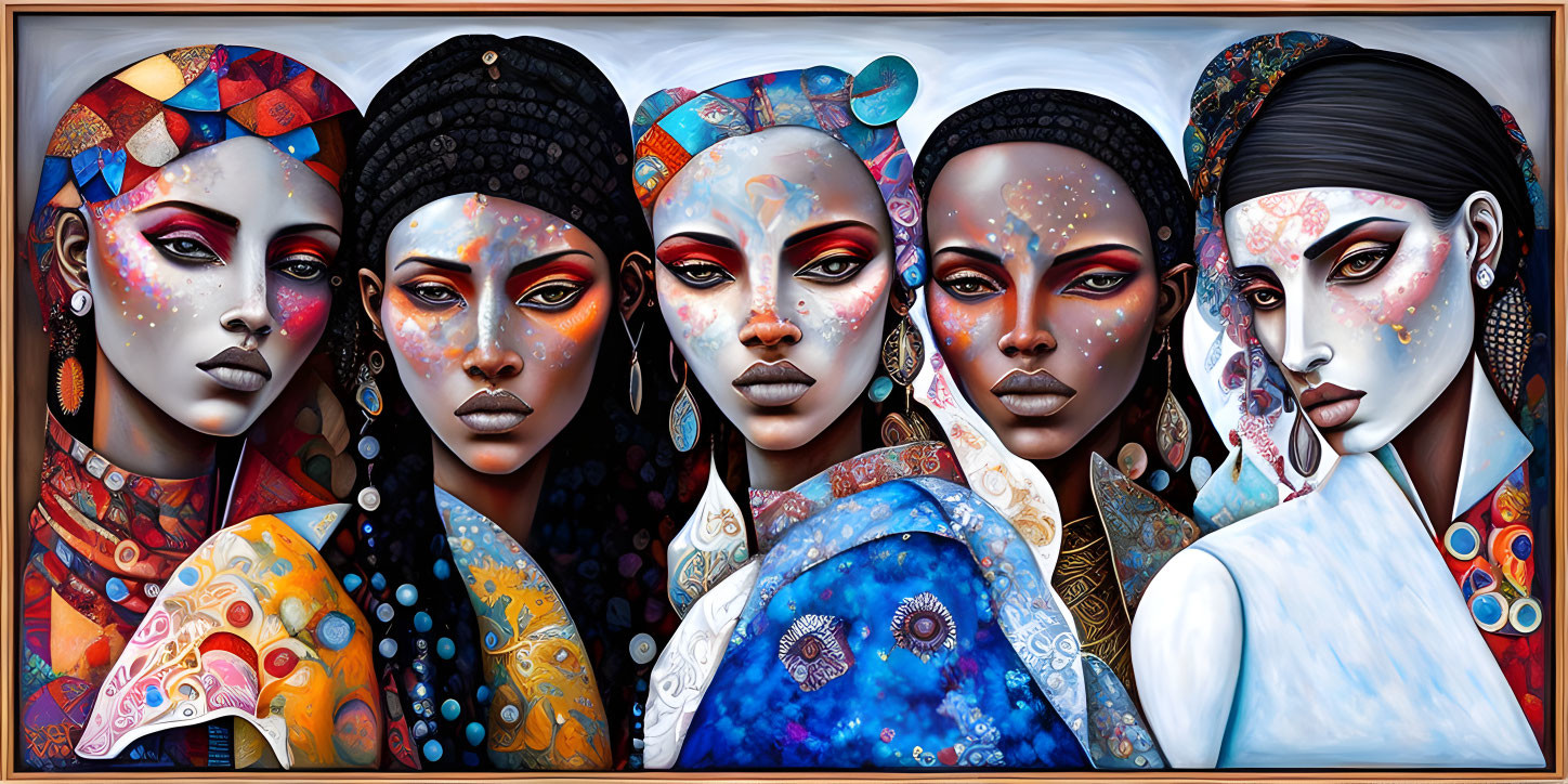 Five stylized women with colorful patterns showcasing strength and cultural beauty