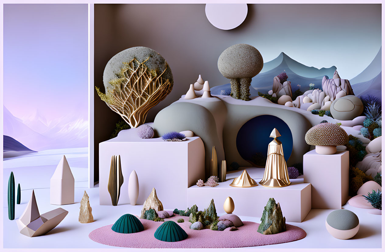 Abstract surreal landscape with geometric shapes, textured spheres, and stylized trees against pastel mountains and soft