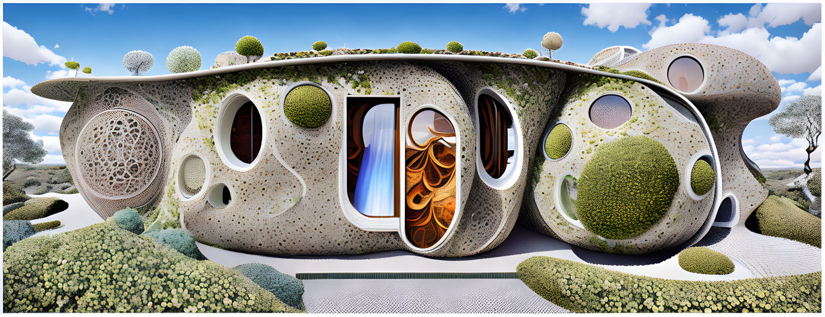 Organic-shaped building with patterned openings in surreal landscape